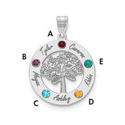 Product Description: The Circle Pendant With 5 Birthstones is a stunning silver piece featuring a circular design with a tree cut-out at its center. This exquisite piece of jewelry showcases five birthstones. 
