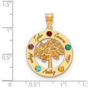 Product Description: The Circle Pendant With 5 Birthstones is a stunning gold piece featuring a circular design with a tree cut-out at its center. This exquisite piece of jewelry showcases five birthstones. The pendant is shown on a ruled background.