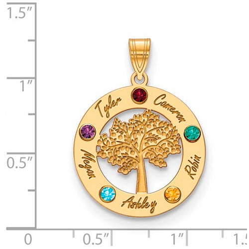 Product Description: The Circle Pendant With 5 Birthstones is a stunning gold piece featuring a circular design with a tree cut-out at its center. This exquisite piece of jewelry showcases five birthstones. The pendant is shown on a ruled background.