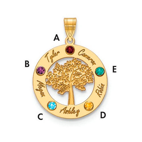 Product Description: The Circle Pendant With 5 Birthstones is a stunning gold piece featuring a circular design with a tree cut-out at its center. This exquisite piece of jewelry showcases five birthstones. 