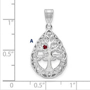 Introducing the Family Tree Teardrop Silver Pendant with 1 Birthstone: This elegant piece features an intricate tree of life design, with its branches weaving through the pendant's edge. The pendant is shown on a ruled background.