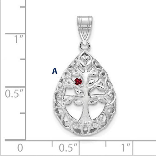 Introducing the Family Tree Teardrop Silver Pendant with 1 Birthstone: This elegant piece features an intricate tree of life design, with its branches weaving through the pendant's edge. The pendant is shown on a ruled background.
