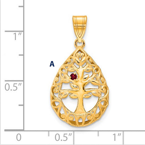 Introducing the Family Tree Teardrop Gold Pendant with 1 Birthstone: This elegant piece features an intricate tree of life design, with its branches weaving through the pendant's edge. The pendant is shown on a ruled background.