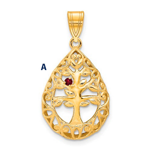 Introducing the Family Tree Teardrop Gold Pendant with 1 Birthstone: This elegant piece features an intricate tree of life design, with its branches weaving through the pendant's edge. 