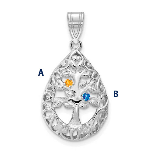 Introducing the Family Tree Teardrop Silver Pendant with 2 Birthstone: This elegant piece features an intricate tree of life design, with its branches weaving through the pendant's edge. 