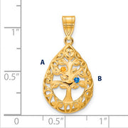 Introducing the Family Tree Teardrop Gold Pendant with 2 Birthstone: This elegant piece features an intricate tree of life design, with its branches weaving through the pendant's edge. The pendant is shown on a ruled background.