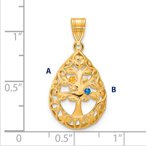 Introducing the Family Tree Teardrop Gold Pendant with 2 Birthstone: This elegant piece features an intricate tree of life design, with its branches weaving through the pendant's edge. The pendant is shown on a ruled background.