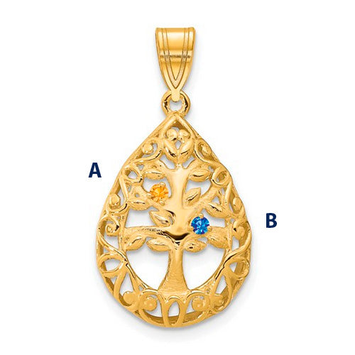 Introducing the Family Tree Teardrop Gold Pendant with 2 Birthstone: This elegant piece features an intricate tree of life design, with its branches weaving through the pendant's edge. 