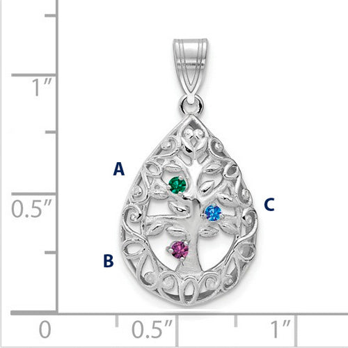 Introducing the Family Tree Teardrop Silver Pendant with 3 Birthstone: This elegant piece features an intricate tree of life design, with its branches weaving through the pendant's edge. The pendant is shown on a ruled background.