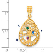 Introducing the Family Tree Teardrop Gold Pendant with 3 Birthstone: This elegant piece features an intricate tree of life design, with its branches weaving through the pendant's edge. The pendant is shown on a ruled background.