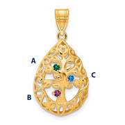 Introducing the Family Tree Teardrop Gold Pendant with 3 Birthstone: This elegant piece features an intricate tree of life design, with its branches weaving through the pendant's edge. 