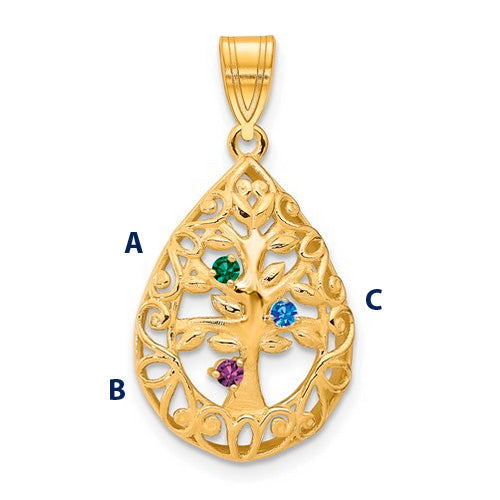 Introducing the Family Tree Teardrop Gold Pendant with 3 Birthstone: This elegant piece features an intricate tree of life design, with its branches weaving through the pendant's edge. 
