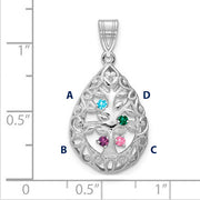 Introducing the Family Tree Teardrop Silver Pendant with 4 Birthstone: This elegant piece features an intricate tree of life design, with its branches weaving through the pendant's edge. The pendant is shown on a ruled background.