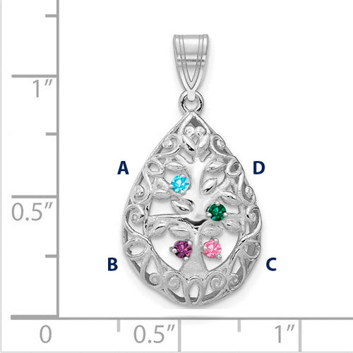 Introducing the Family Tree Teardrop Silver Pendant with 4 Birthstone: This elegant piece features an intricate tree of life design, with its branches weaving through the pendant's edge. The pendant is shown on a ruled background.