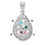 Introducing the Family Tree Teardrop Silver Pendant with 4 Birthstone: This elegant piece features an intricate tree of life design, with its branches weaving through the pendant's edge. 