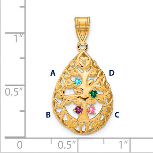 Introducing the Family Tree Teardrop Gold Pendant with 4 Birthstone: This elegant piece features an intricate tree of life design, with its branches weaving through the pendant's edge. The pendant is shown on a ruled background.