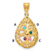 Introducing the Family Tree Teardrop Gold Pendant with 4 Birthstone: This elegant piece features an intricate tree of life design, with its branches weaving through the pendant's edge. 