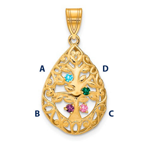 Introducing the Family Tree Teardrop Gold Pendant with 4 Birthstone: This elegant piece features an intricate tree of life design, with its branches weaving through the pendant's edge. 