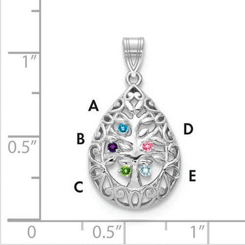 Introducing the Family Tree Teardrop Silver Pendant with 5 Birthstone: This elegant piece features an intricate tree of life design, with its branches weaving through the pendant's edge. The pendant is shown on a ruled background.