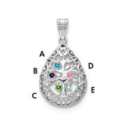 Introducing the Family Tree Teardrop Silver Pendant with 5 Birthstone: This elegant piece features an intricate tree of life design, with its branches weaving through the pendant's edge. 