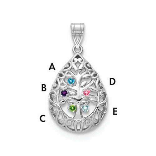 Introducing the Family Tree Teardrop Silver Pendant with 5 Birthstone: This elegant piece features an intricate tree of life design, with its branches weaving through the pendant's edge. 