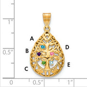 Introducing the Family Tree Teardrop Gold Pendant with 5 Birthstone: This elegant piece features an intricate tree of life design, with its branches weaving through the pendant's edge. The pendant is shown on a ruled background.