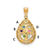 Introducing the Family Tree Teardrop Gold Pendant with 5 Birthstone: This elegant piece features an intricate tree of life design, with its branches weaving through the pendant's edge. 
