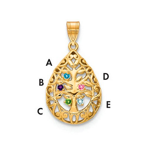 Introducing the Family Tree Teardrop Gold Pendant with 5 Birthstone: This elegant piece features an intricate tree of life design, with its branches weaving through the pendant's edge. 