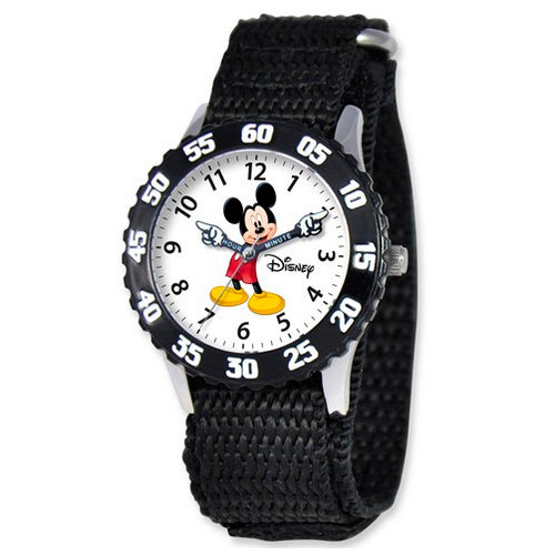 Disney Kids Mickey Mouse Black Hook and Loop Band Time Teacher Watch