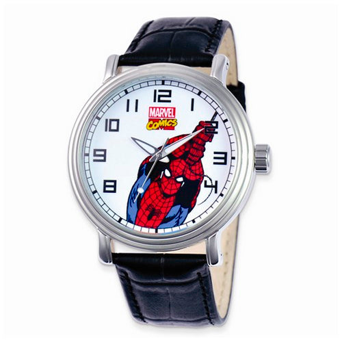 Marvel Adult Size Black Leather Strap Spiderman Watch
