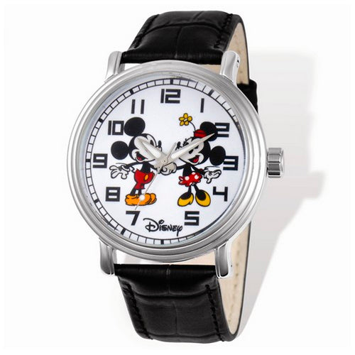 Disney Adult Size Mickey and Minnie Black Leather Watch