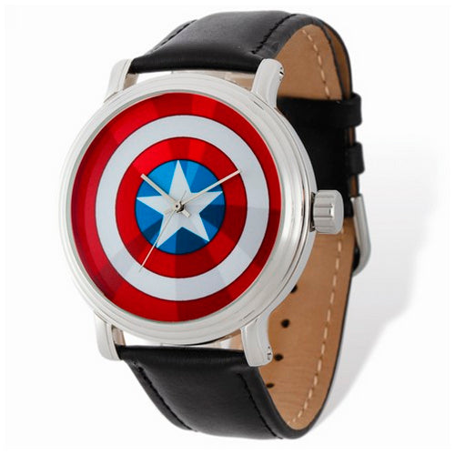 Marvel Adult Size Captain America Black Leather Band Watch