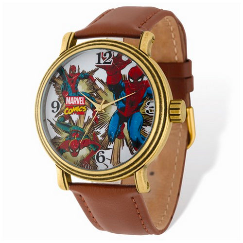 Marvel Adult Size Spiderman Gold-tone Brown Leather Band Watch