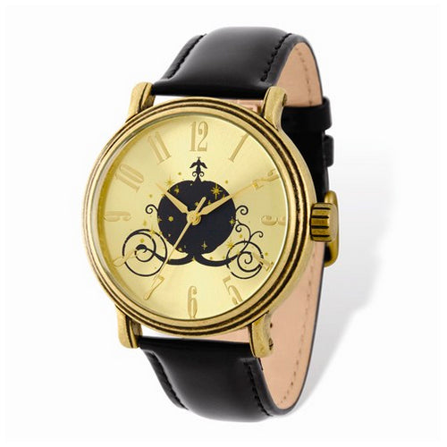 Ladies Disney Antique Gold-tone Coach Black Leather Watch