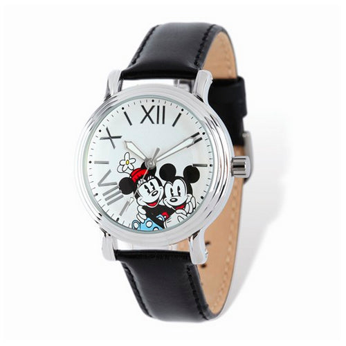 Disney Adult Size Black Leather Mickey and Minnie Watch