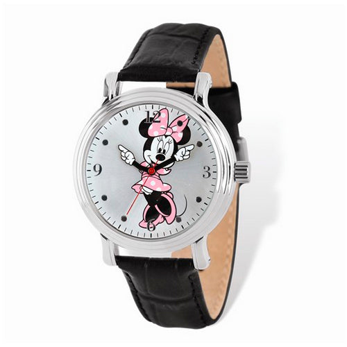 Disney Adult Size Black Leather Minnie Pink Dress Watch