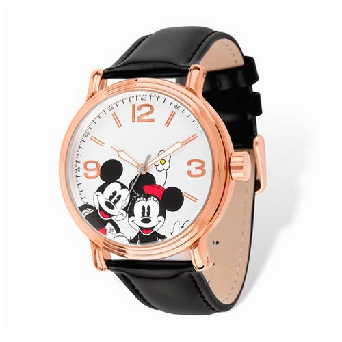Disney Adult Size Rose-tone Black Leather Mickey/Minnie Watch