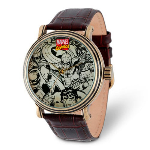 Marvel Adult Size Spiderman Antique Gold-tone Black Strap Watch