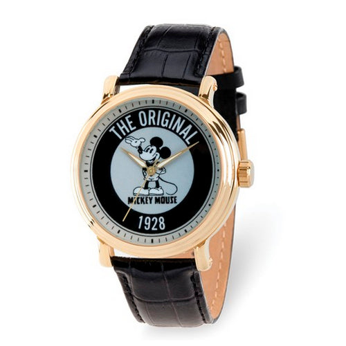 Disney Adult Gold-tone Mickey Mouse 1928 Black Leather Band Watch