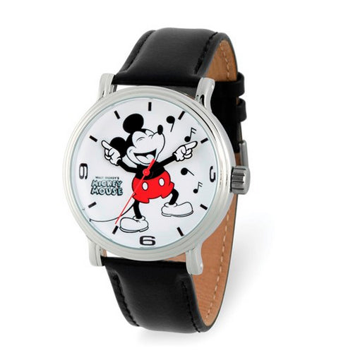 Disney Adult Laughing Mickey Mouse Black Leather Band Watch