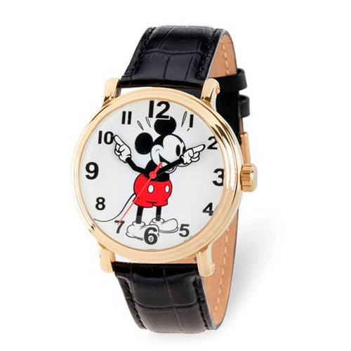 Disney Adult Gold-tone Mickey Mouse Black Leather Band Watch