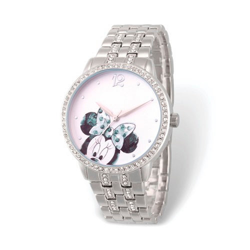 Disney Adult Minnie Mouse Crystal Bezel Silver-tone Watch