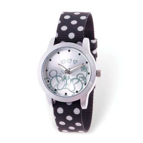 Disney Adult Minnie/Mickey Mouse Silver-tone Black Nylon Band Watch