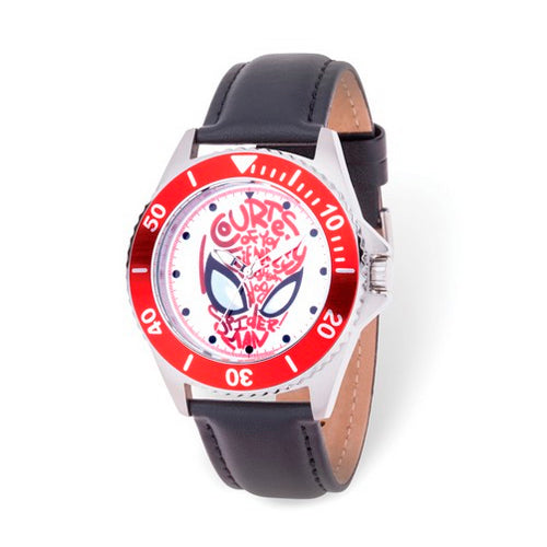 Marvel Spider-Man Mens Stainless Steel Red Bezel Black Leather Watch
