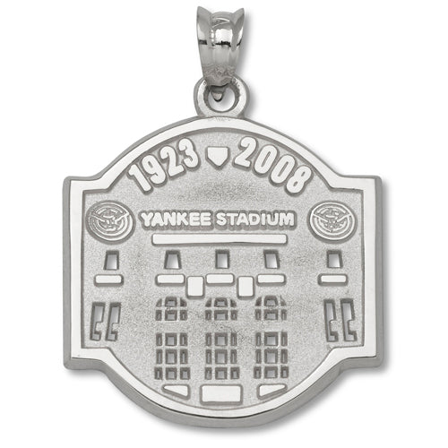 The New York Yankees FINAL SEASON LOGO Pendant is crafted from sterling silver and shaped like Yankee Stadium. It features "1923 - 2008" inscribed at the top, "YANKEE STADIUM" in the center, and detailed engravings of the stadium's façade. The pendant includes a loop at the top for attaching to a chain, perfectly capturing the spirit of its Final Season Logo.