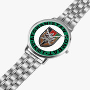 US Forces Afghanistan Silvertone Watch is displayed in a perspective view on a white background with the silver metal strap stretched out.
