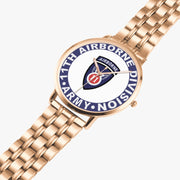 11th Airborne Division Goldtone Watch is displayed in a perspective view on a white background with the gold metal strap stretched out.