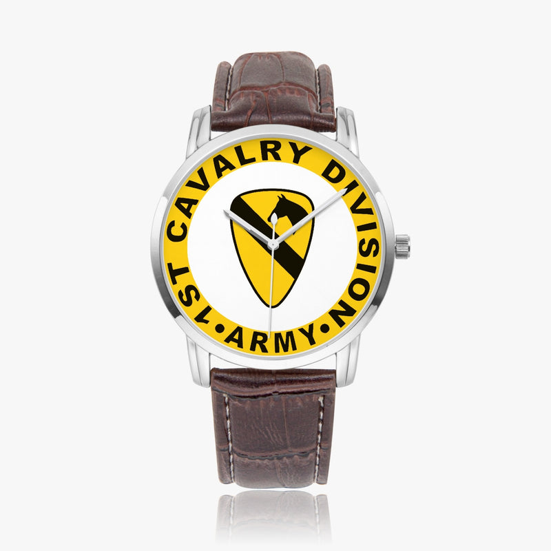 1st Cavalry Division-Wide Type Silver Watch with a Brown Leather Band