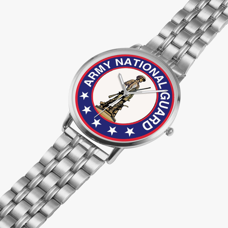 US Army National Guard Silvertone Watch is displayed in a perspective view on a white background with the silver metal strap stretched out.