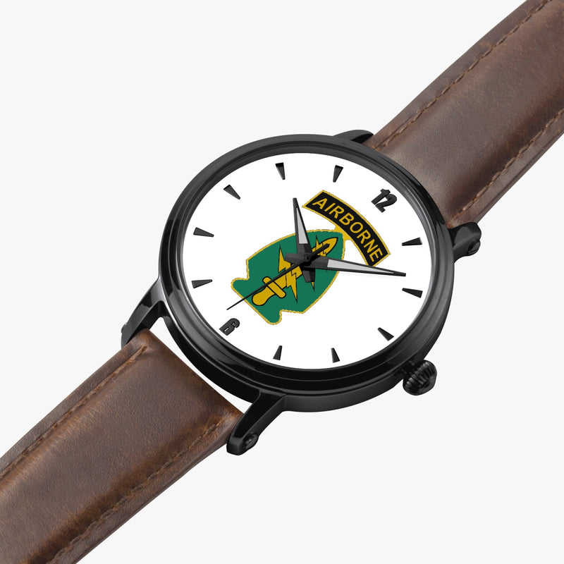 Special Forces Airborne-46mm Automatic Watch is displayed in a perspective view on a white background with a brown leather band